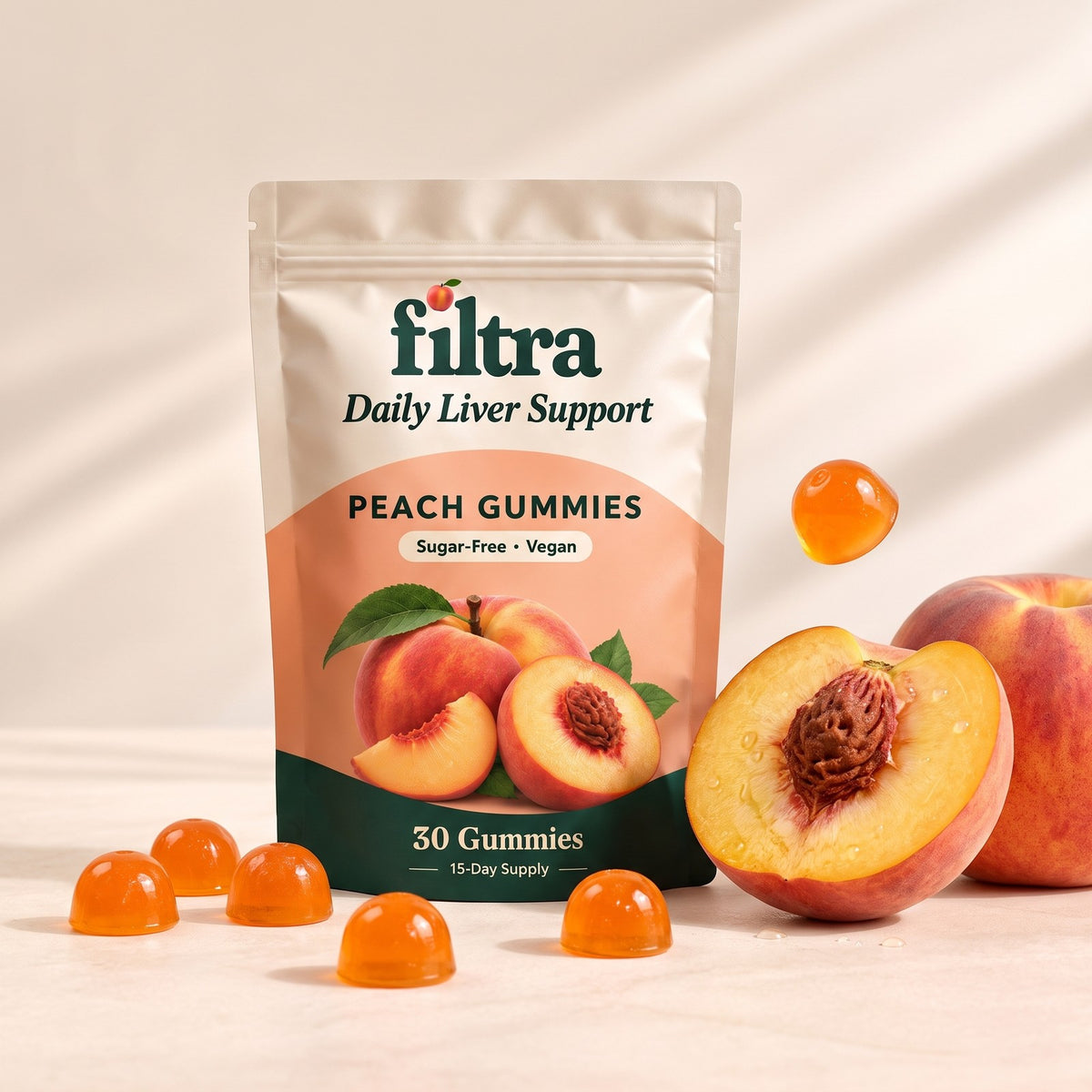 Filtra Daily Liver Support peach gummies pouch with fresh peaches