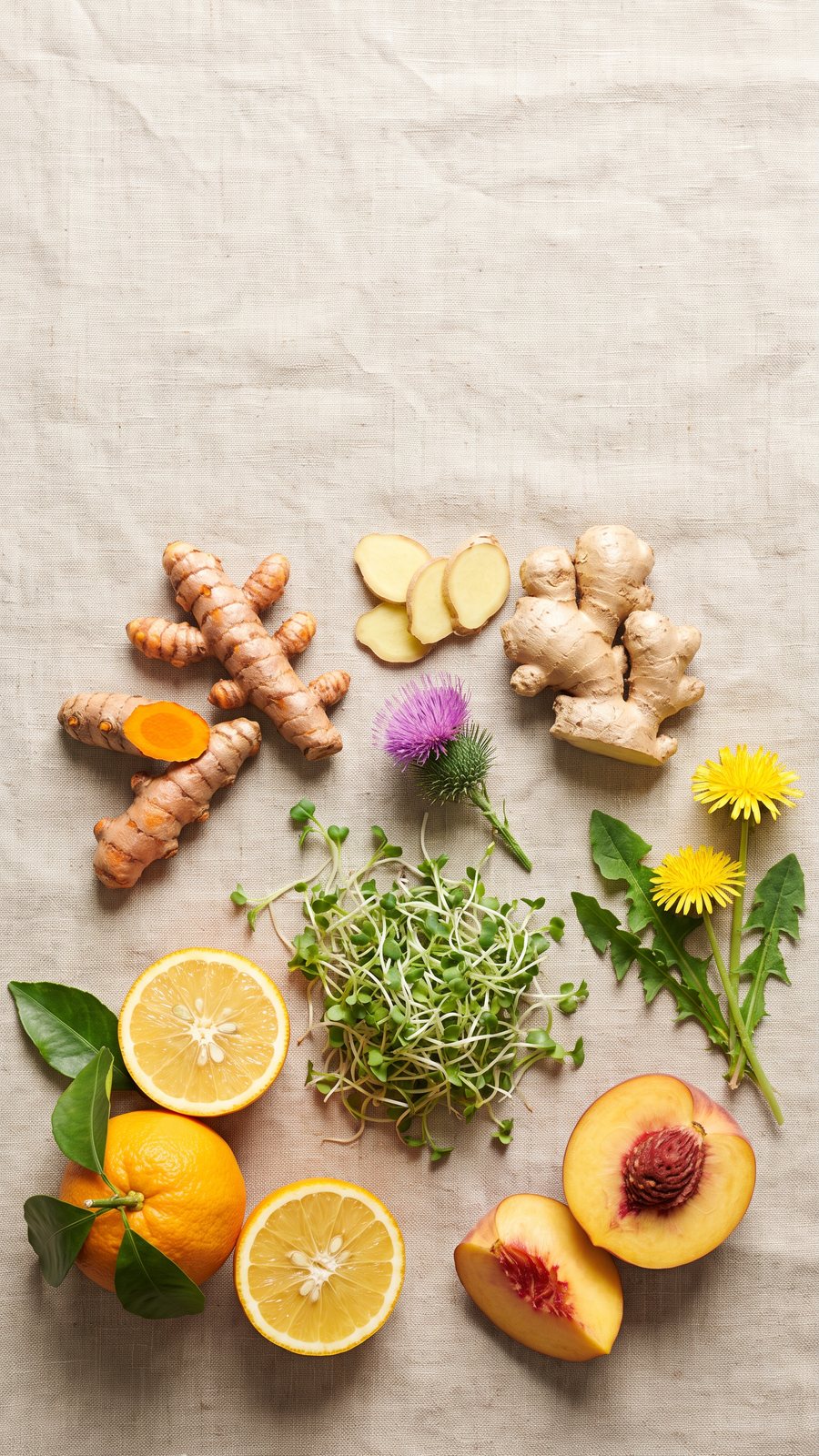 Filtra ingredients laid out with fresh peaches