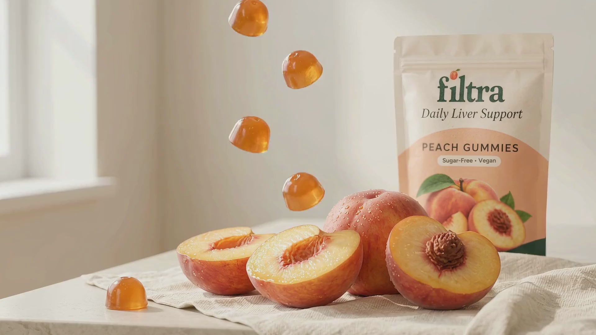 Peach gummies falling, a tired woman at Sunday lunch, two gummies with her tea, then dancing with her husband and playing with her granddaughter