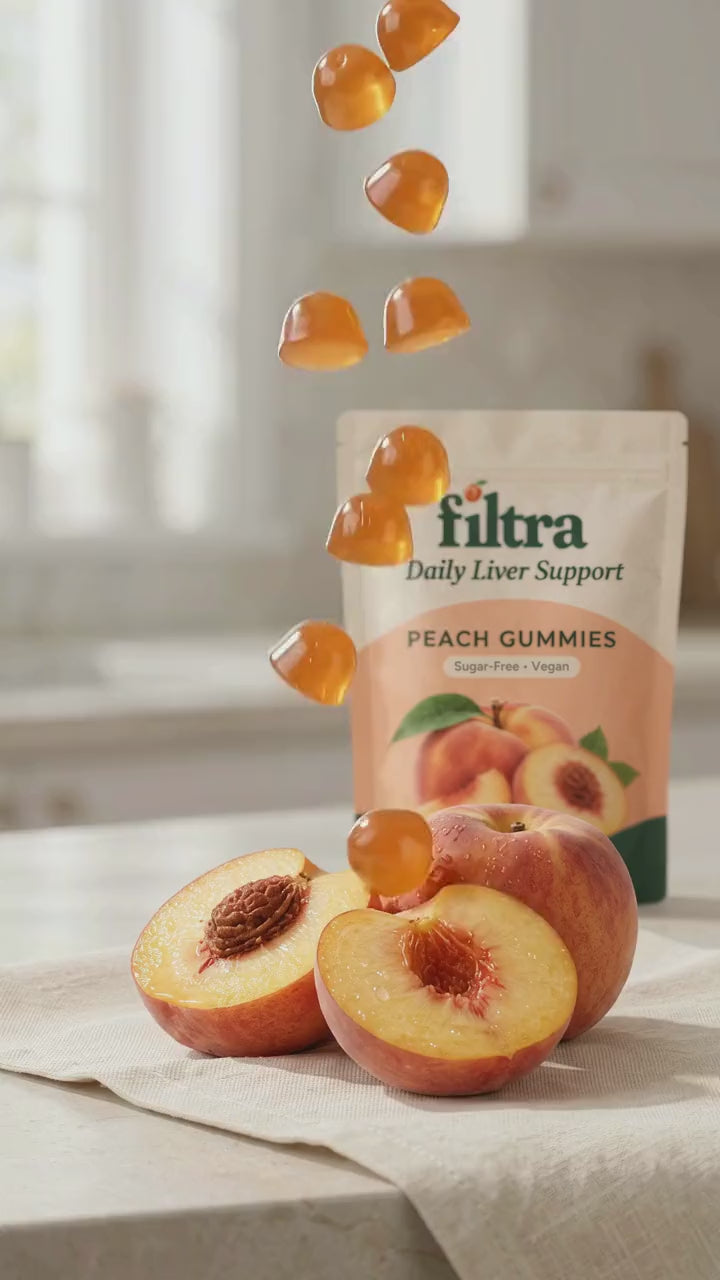 Peach gummies falling, a tired woman at Sunday lunch, two gummies with her tea, then dancing with her husband and playing with her granddaughter